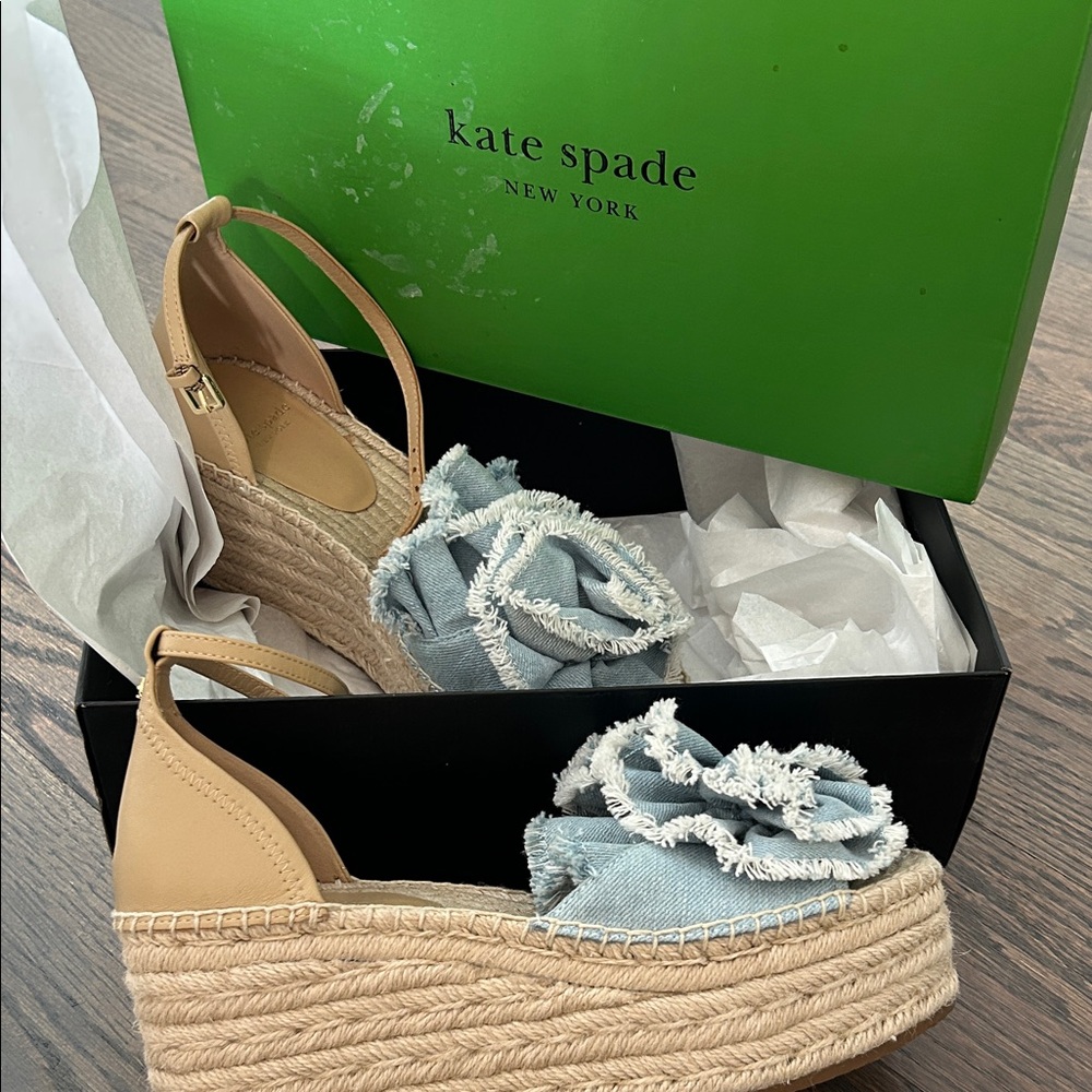 Kate Spade Tan and Blue Floral Espadrilles